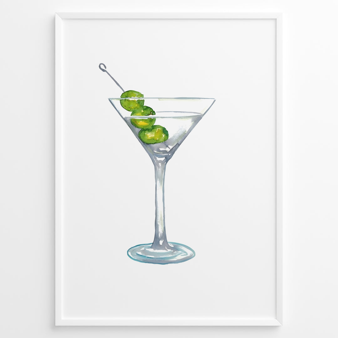 Watercolor illustration plakat of a martini glass with green olives—minimalist cocktail art print for kitchen or bar décor.