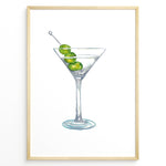 Ladda upp bild till gallerivisning, Watercolor illustration plakat of a martini glass with green olives—minimalist cocktail art print for kitchen or bar décor.
