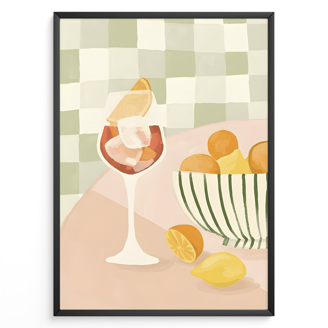 Abstract art print plakat of a wine glass with citrus fruits and a striped bowl on a checkered background—modern kitchen wall décor.