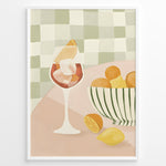 Ladda upp bild till gallerivisning, Abstract art print plakat of a wine glass with citrus fruits and a striped bowl on a checkered background—modern kitchen wall décor.

