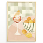 Ladda upp bild till gallerivisning, Abstract art print plakat of a wine glass with citrus fruits and a striped bowl on a checkered background—modern kitchen wall décor.

