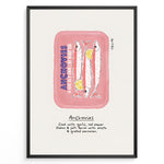 Ladda upp bild till gallerivisning, Retro anchovies tin illustration plakat with handwritten cooking notes—vintage-inspired kitchen wall art print.
