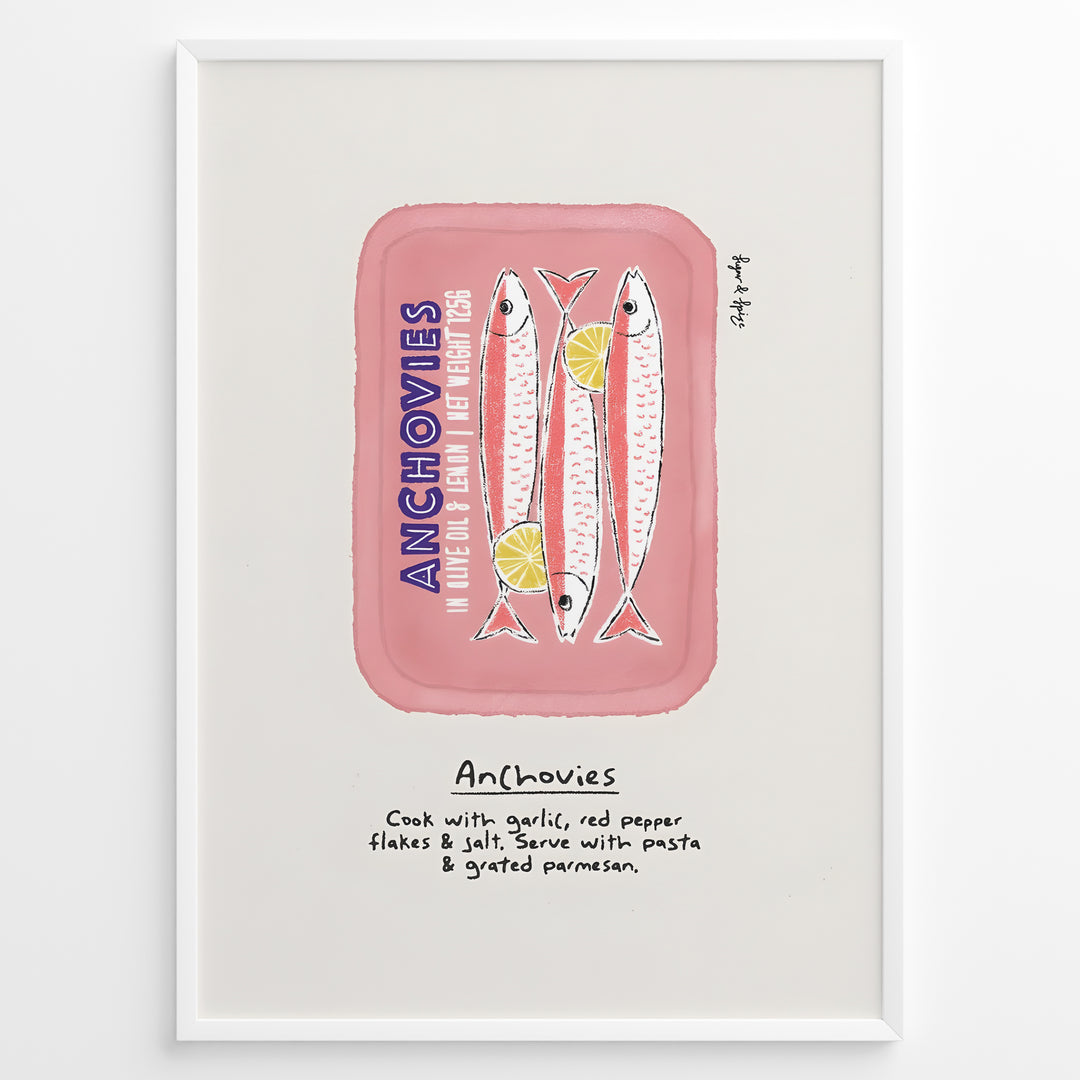 Retro anchovies tin illustration plakat with handwritten cooking notes—vintage-inspired kitchen wall art print.
