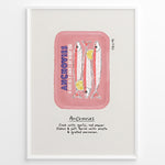 Ladda upp bild till gallerivisning, Retro anchovies tin illustration plakat with handwritten cooking notes—vintage-inspired kitchen wall art print.
