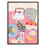 Ladda upp bild till gallerivisning, Colorful breakfast table illustration with kettle, fruit, and coffee—modern kitchen wall art print.
