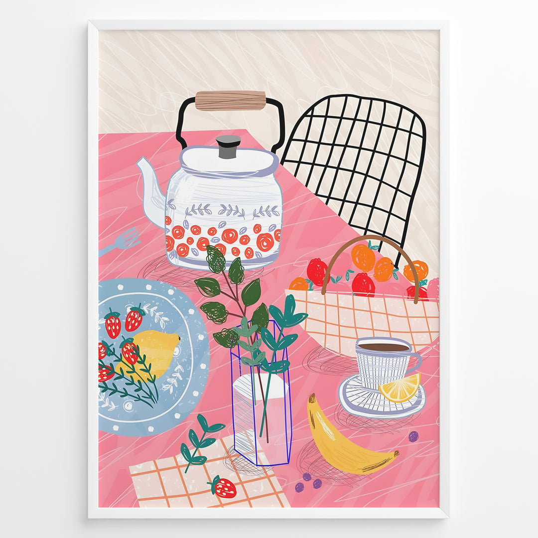 Colorful breakfast table illustration with kettle, fruit, and coffee—modern kitchen wall art print.