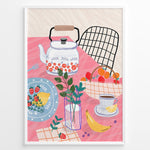Ladda upp bild till gallerivisning, Colorful breakfast table illustration with kettle, fruit, and coffee—modern kitchen wall art print.

