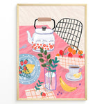 Ladda upp bild till gallerivisning, Colorful breakfast table illustration with kettle, fruit, and coffee—modern kitchen wall art print.
