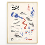 Ladda upp bild till gallerivisning, Minimalist hand-drawn food and wine menu illustration with bottles and glasses—modern kitchen wall art print.
