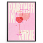 Ladda upp bild till gallerivisning, Pink wall art with two wine glasses and text “Partner in Wine” — modern romantic kitchen or bar wall print.
