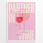 Ladda upp bild till gallerivisning, Pink wall art with two wine glasses and text “Partner in Wine” — modern romantic kitchen or bar wall print.
