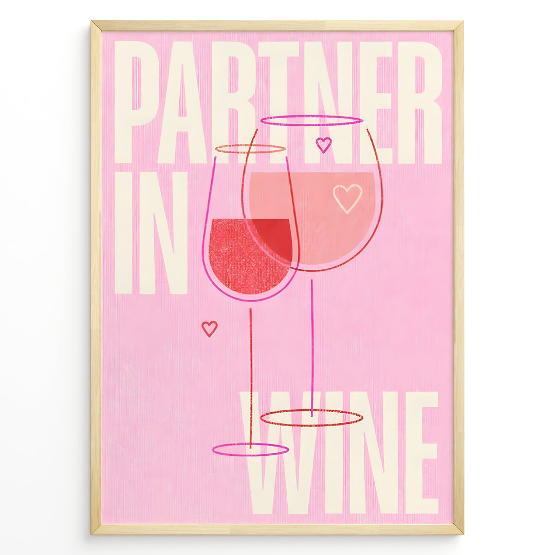 Pink wall art with two wine glasses and text “Partner in Wine” — modern romantic kitchen or bar wall print.