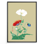 Ladda upp bild till gallerivisning, Japanese botanical illustration of white, red, and blue poppy flowers on a beige background in a framed poster.
