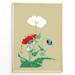 Ladda upp bild till gallerivisning, Japanese botanical illustration of white, red, and blue poppy flowers on a beige background in a framed poster.
