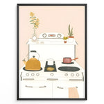 Ladda upp bild till gallerivisning, Minimalist art print plakat of a cozy kitchen stove with kettle, pots, and houseplants on a soft peach background.
