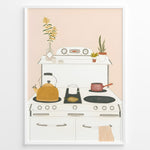 Ladda upp bild till gallerivisning, Minimalist art print plakat of a cozy kitchen stove with kettle, pots, and houseplants on a soft peach background.
