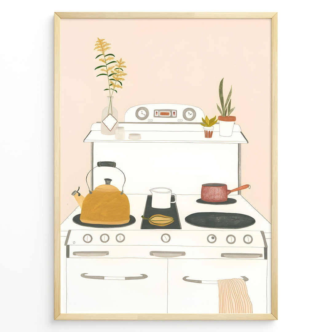 Minimalist art print plakat of a cozy kitchen stove with kettle, pots, and houseplants on a soft peach background.
