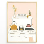 Ladda upp bild till gallerivisning, Minimalist art print plakat of a cozy kitchen stove with kettle, pots, and houseplants on a soft peach background.
