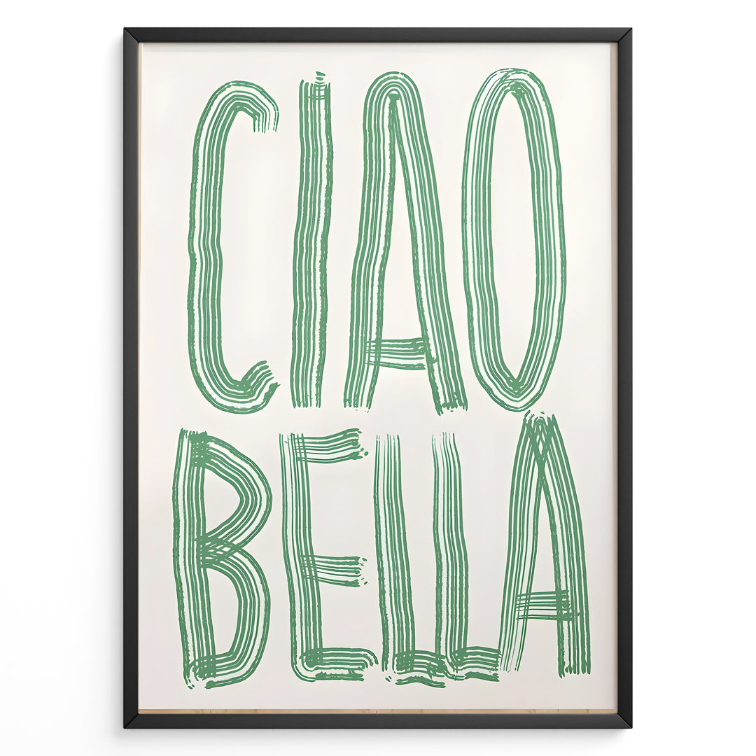 Modern Italian wall art print with bold green “Ciao Bella” text — stylish typography kitchen or café décor.