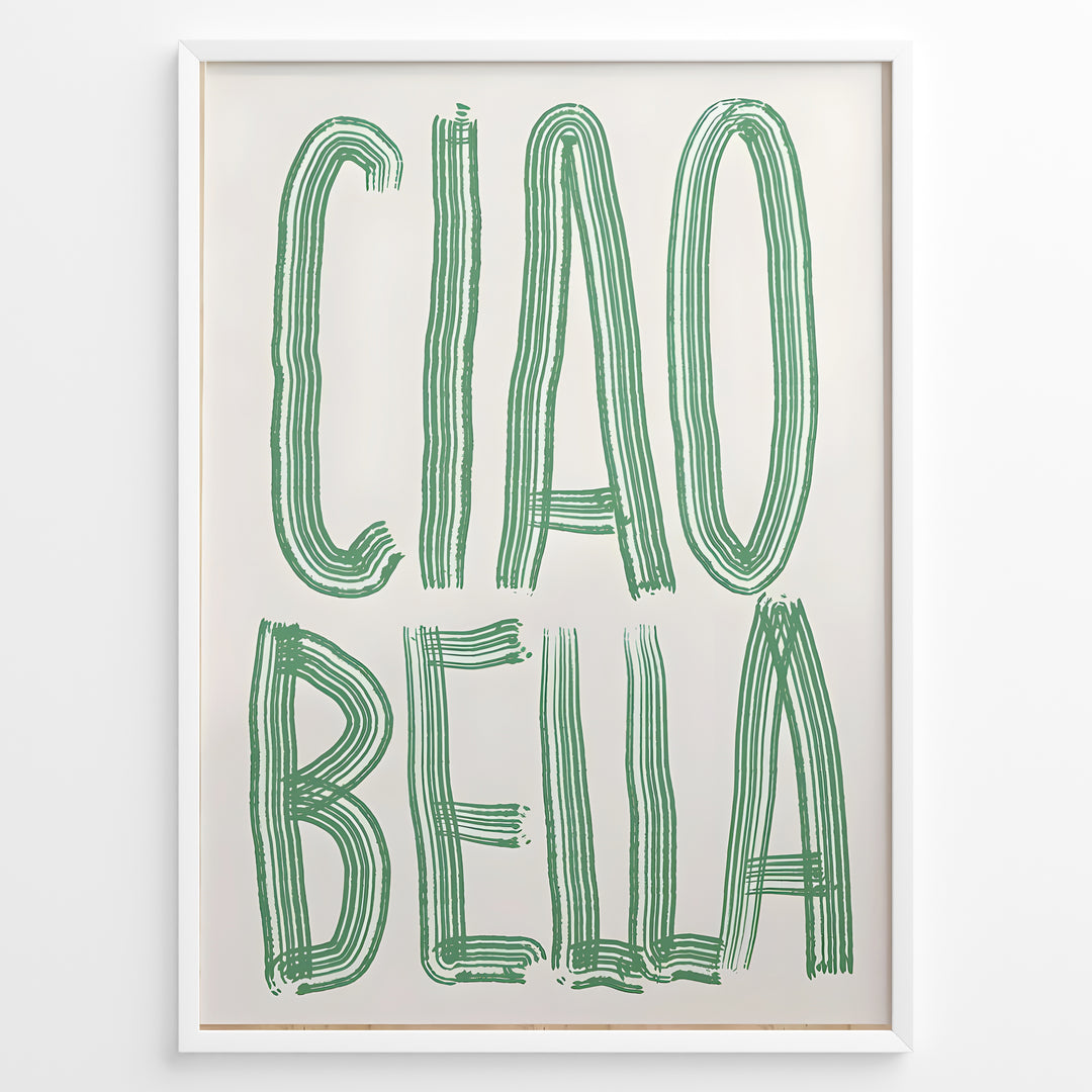 Modern Italian wall art print with bold green “Ciao Bella” text — stylish typography kitchen or café décor.
