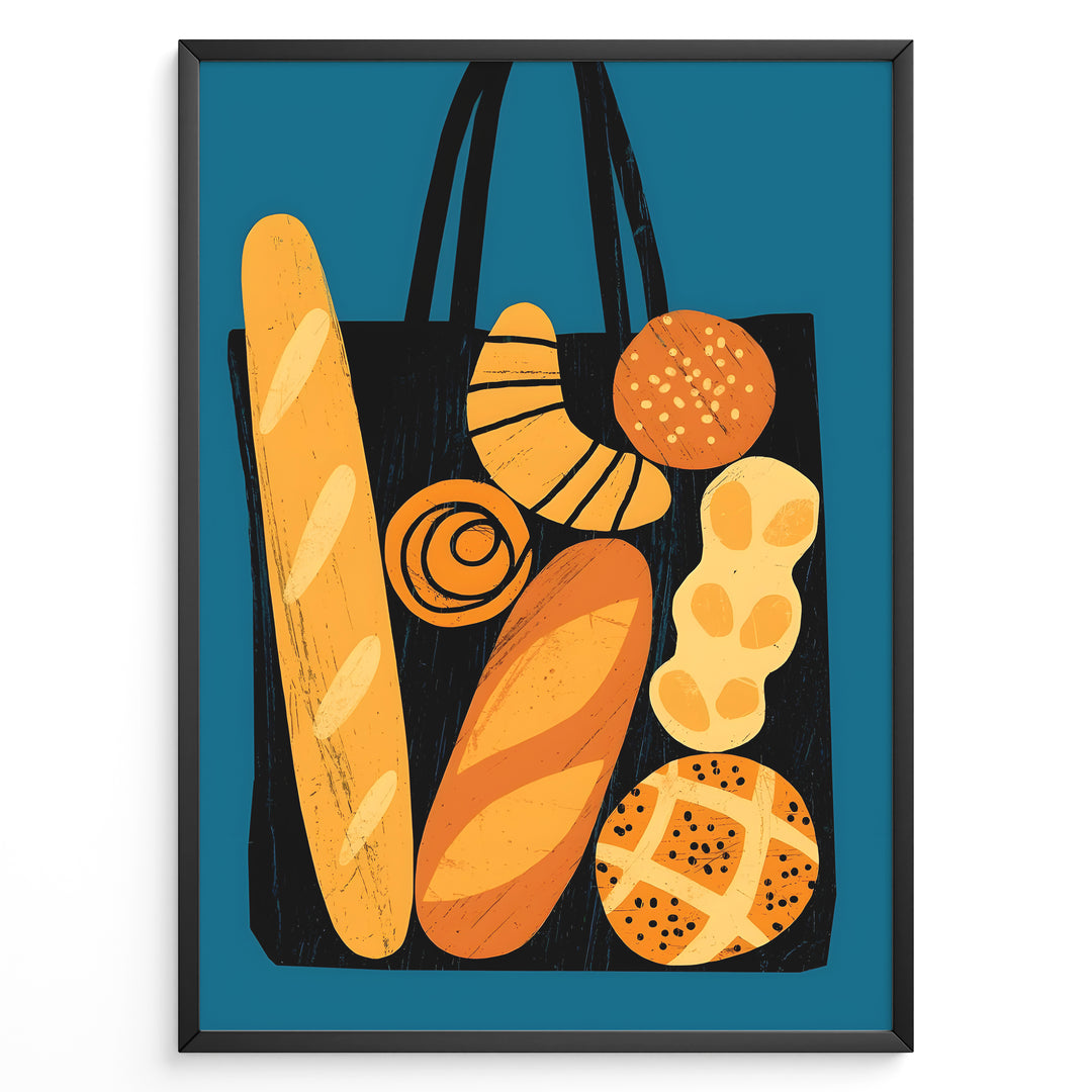 Modern art print of a tote bag filled with bread and pastries on a blue background — bakery-inspired kitchen wall décor.