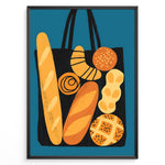 Ladda upp bild till gallerivisning, Modern art print of a tote bag filled with bread and pastries on a blue background — bakery-inspired kitchen wall décor.
