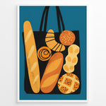 Ladda upp bild till gallerivisning, Modern art print of a tote bag filled with bread and pastries on a blue background — bakery-inspired kitchen wall décor.
