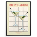Ladda upp bild till gallerivisning, Dirty Martini cocktail art print featuring two martini glasses with olives and recipe text — elegant bar and kitchen wall décor.
