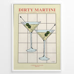 Ladda upp bild till gallerivisning, Dirty Martini cocktail art print featuring two martini glasses with olives and recipe text — elegant bar and kitchen wall décor.
