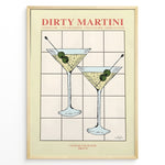 Ladda upp bild till gallerivisning, Dirty Martini cocktail art print featuring two martini glasses with olives and recipe text — elegant bar and kitchen wall décor.

