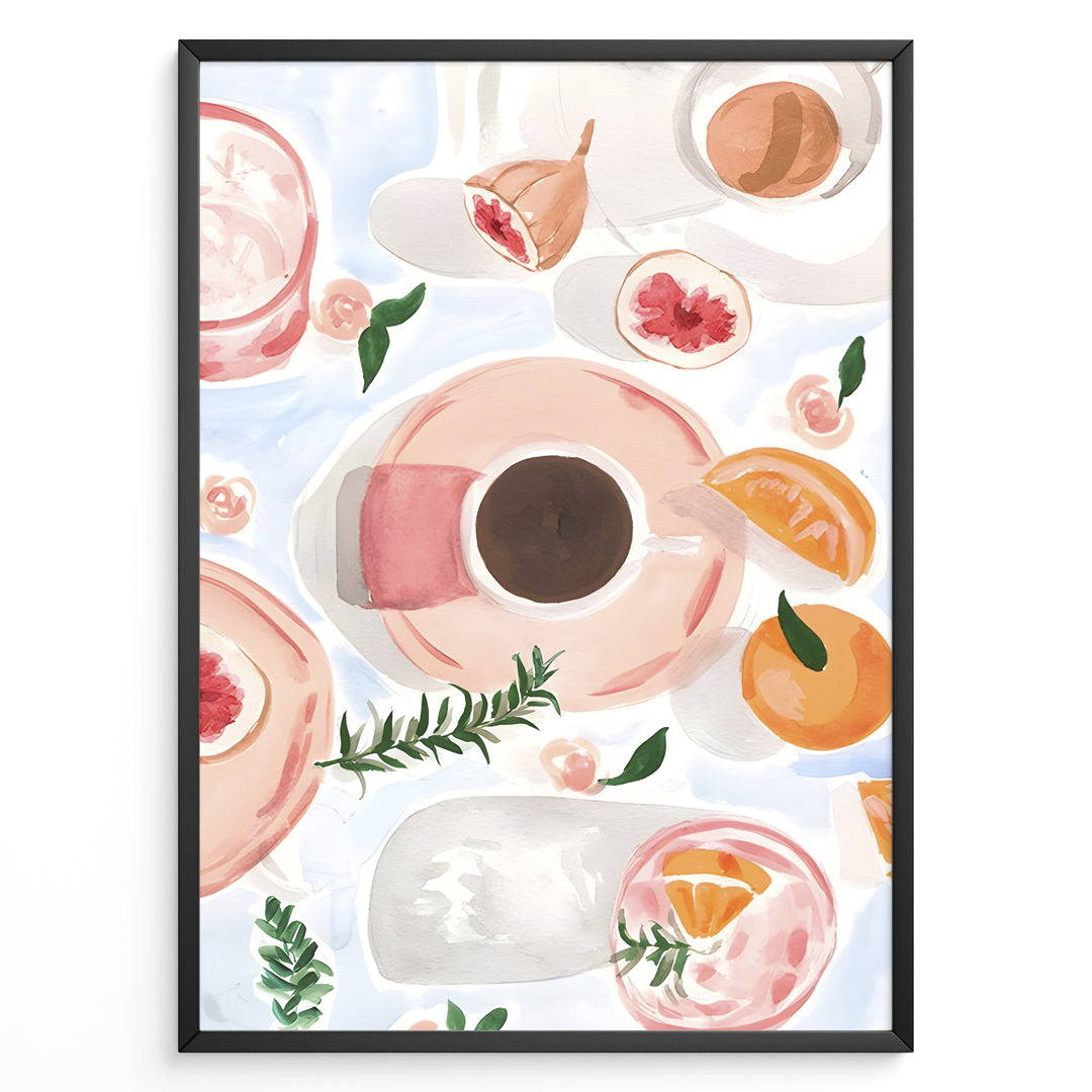 Watercolor art print of coffee cups, figs, and oranges on a pastel background — modern breakfast-themed kitchen wall décor.