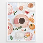 Ladda upp bild till gallerivisning, Watercolor art print of coffee cups, figs, and oranges on a pastel background — modern breakfast-themed kitchen wall décor.
