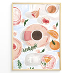Ladda upp bild till gallerivisning, Watercolor art print of coffee cups, figs, and oranges on a pastel background — modern breakfast-themed kitchen wall décor.
