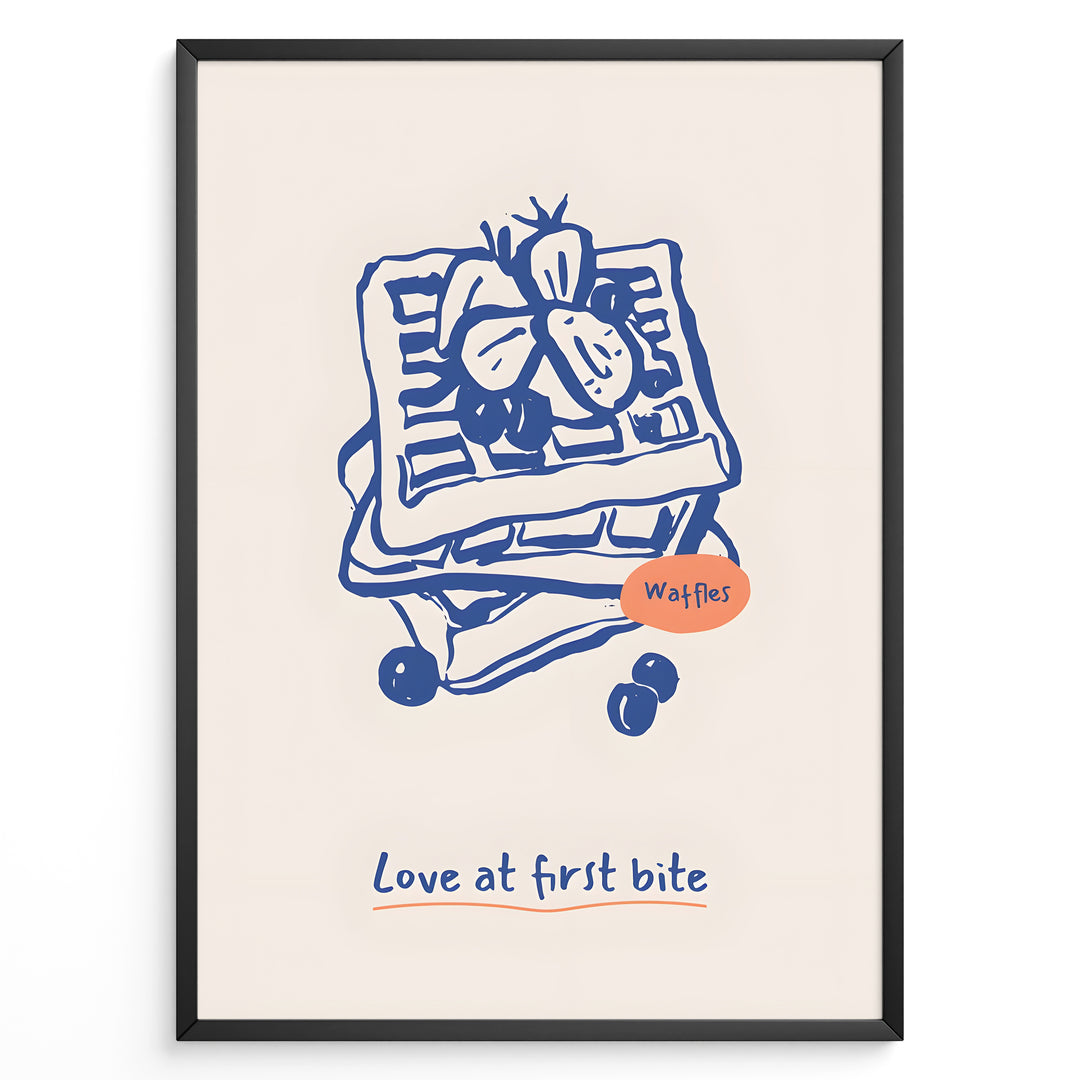 Waffle illustration with berries and the quote “Love at first bite” — cute breakfast-themed kitchen wall art print.