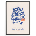 Ladda upp bild till gallerivisning, Waffle illustration with berries and the quote “Love at first bite” — cute breakfast-themed kitchen wall art print.
