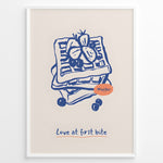 Ladda upp bild till gallerivisning, Waffle illustration with berries and the quote “Love at first bite” — cute breakfast-themed kitchen wall art print.
