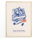 Ladda upp bild till gallerivisning, Waffle illustration with berries and the quote “Love at first bite” — cute breakfast-themed kitchen wall art print.
