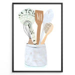 Ladda upp bild till gallerivisning, Minimalist art print of wooden kitchen utensils in a ceramic jar — modern cooking-themed wall décor for kitchens.

