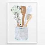 Ladda upp bild till gallerivisning, Minimalist art print of wooden kitchen utensils in a ceramic jar — modern cooking-themed wall décor for kitchens.
