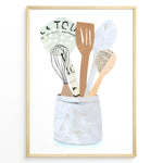 Ladda upp bild till gallerivisning, Minimalist art print of wooden kitchen utensils in a ceramic jar — modern cooking-themed wall décor for kitchens.

