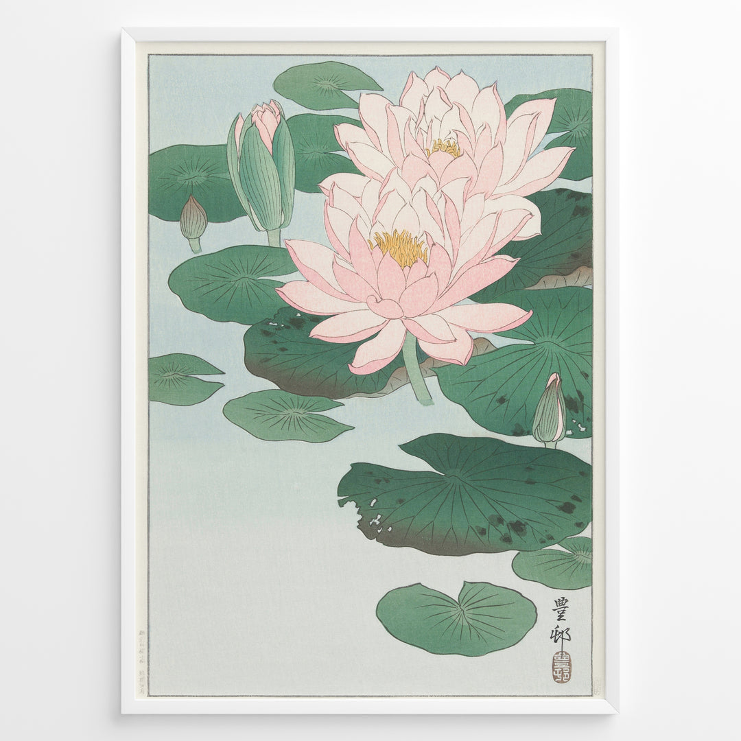 Japanese woodblock-style lotus flower illustration with pink blooms and green lily pads in a framed poster.