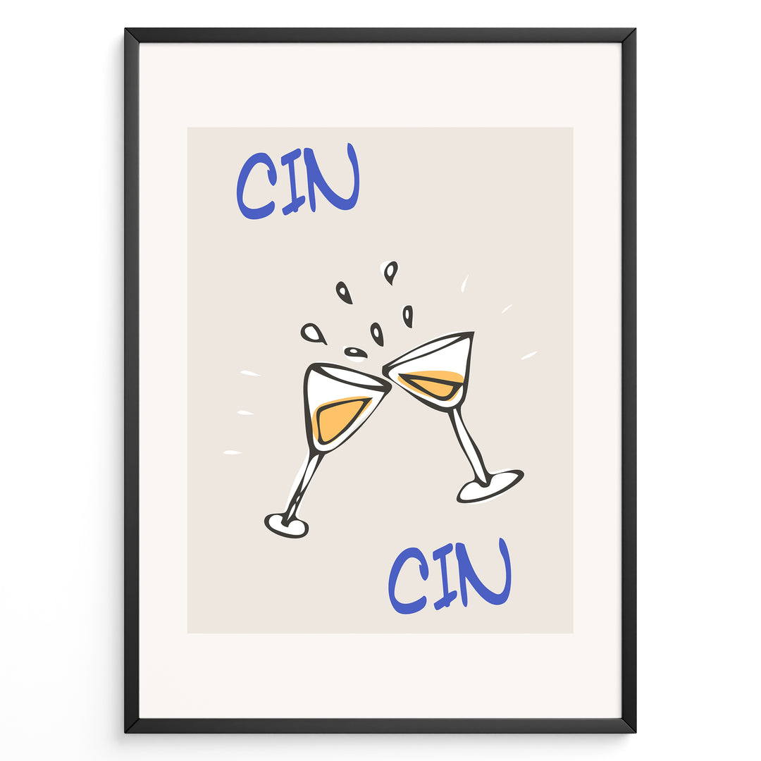 Illustration of two clinking wine glasses plakat with splashes and the words “Cin Cin” in blue, framed in black on a beige background.