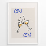 Ladda upp bild till gallerivisning, Illustration of two clinking wine glasses plakat with splashes and the words “Cin Cin” in blue, framed in black on a beige background.
