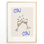 Ladda upp bild till gallerivisning, Illustration of two clinking wine glasses plakat with splashes and the words “Cin Cin” in blue, framed in black on a beige background.
