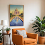 Ladda upp bild till gallerivisning, Agra Vintage Travel Plakat | Vintage Travel Poster | Denne plakat viser det ikoniske Taj Mahal i Agra, Indien, med dets hvide marmorkupler og minareter mod en gradient himmel. Perfekt til rejse- og arkitekturentusiaster.
