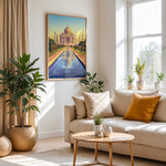 Ladda upp bild till gallerivisning, Agra Vintage Travel Plakat | Vintage Travel Poster | Denne plakat viser det ikoniske Taj Mahal i Agra, Indien, med dets hvide marmorkupler og minareter mod en gradient himmel. Perfekt til rejse- og arkitekturentusiaster.
