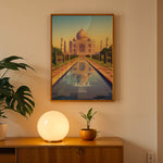 Ladda upp bild till gallerivisning, Agra Vintage Travel Plakat | Vintage Travel Poster | Denne plakat viser det ikoniske Taj Mahal i Agra, Indien, med dets hvide marmorkupler og minareter mod en gradient himmel. Perfekt til rejse- og arkitekturentusiaster.
