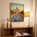 Ladda upp bild till gallerivisning, Agra Vintage Travel Plakat | Vintage Travel Poster | Denne plakat viser det ikoniske Taj Mahal i Agra, Indien, med dets hvide marmorkupler og minareter mod en gradient himmel. Perfekt til rejse- og arkitekturentusiaster.
