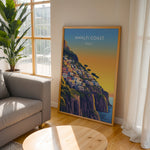 Ladda upp bild till gallerivisning, Amalfi Coast Vintage Travel Plakat | Vintage Travel Poster | Denne plakat viser en farverig illustration af Amalfi kysten i Italien, med pastelfarvede bygninger stablet på en stejl skråning mod havet. Perfekt til rejse- og kunstelskere.
