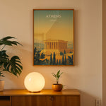 Ladda upp bild till gallerivisning, Athens Vintage Travel Plakat | Vintage Travel Poster | Denne plakat viser Parthenon i Athen, Grækenland, i gyldne nuancer med en gradient baggrund fra teal til gul. Perfekt til rejse- og historiefans.
